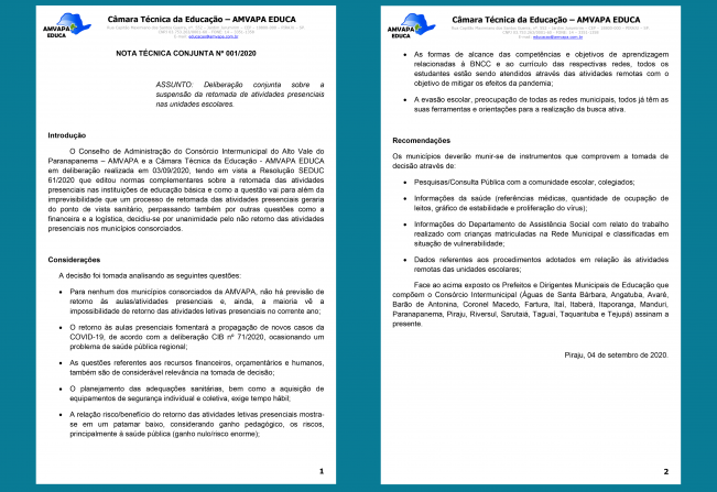 NOTA TÉCNICA CONJUNTA Nº 001/2020 - Câmara Técnica da Educação – AMVAPA EDUCA 
